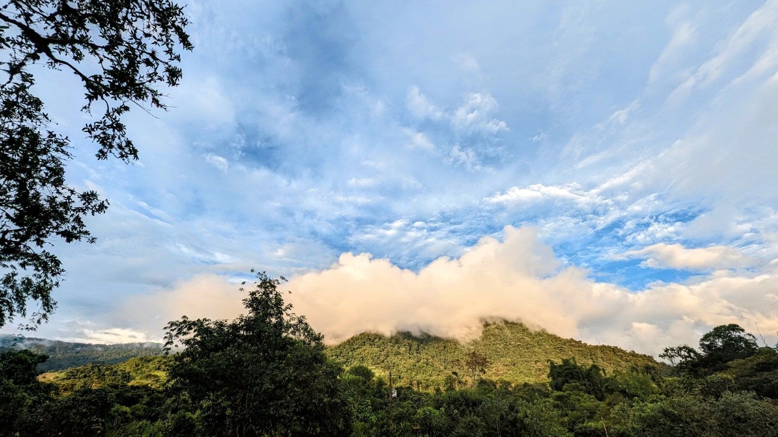 Tiefe Wolken über den bewaldeten Hügeln des Nebelwalds von Mindo, Chocó Andino, Ecuador